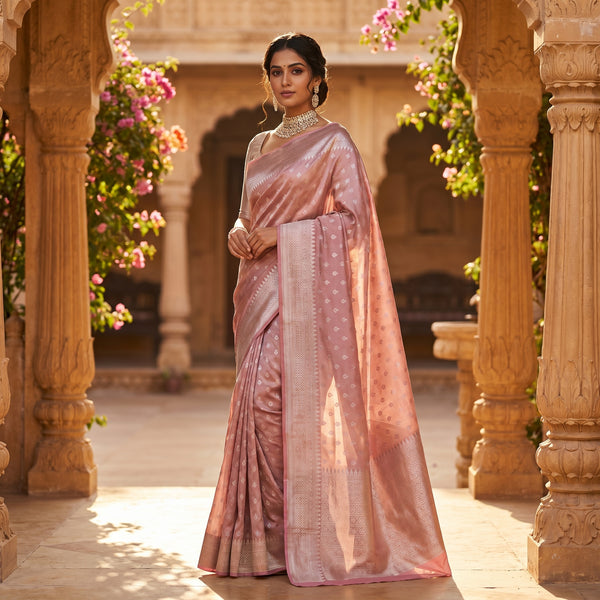 Rosé Zari Saree — Handwoven Tissue Silk with Gold Border