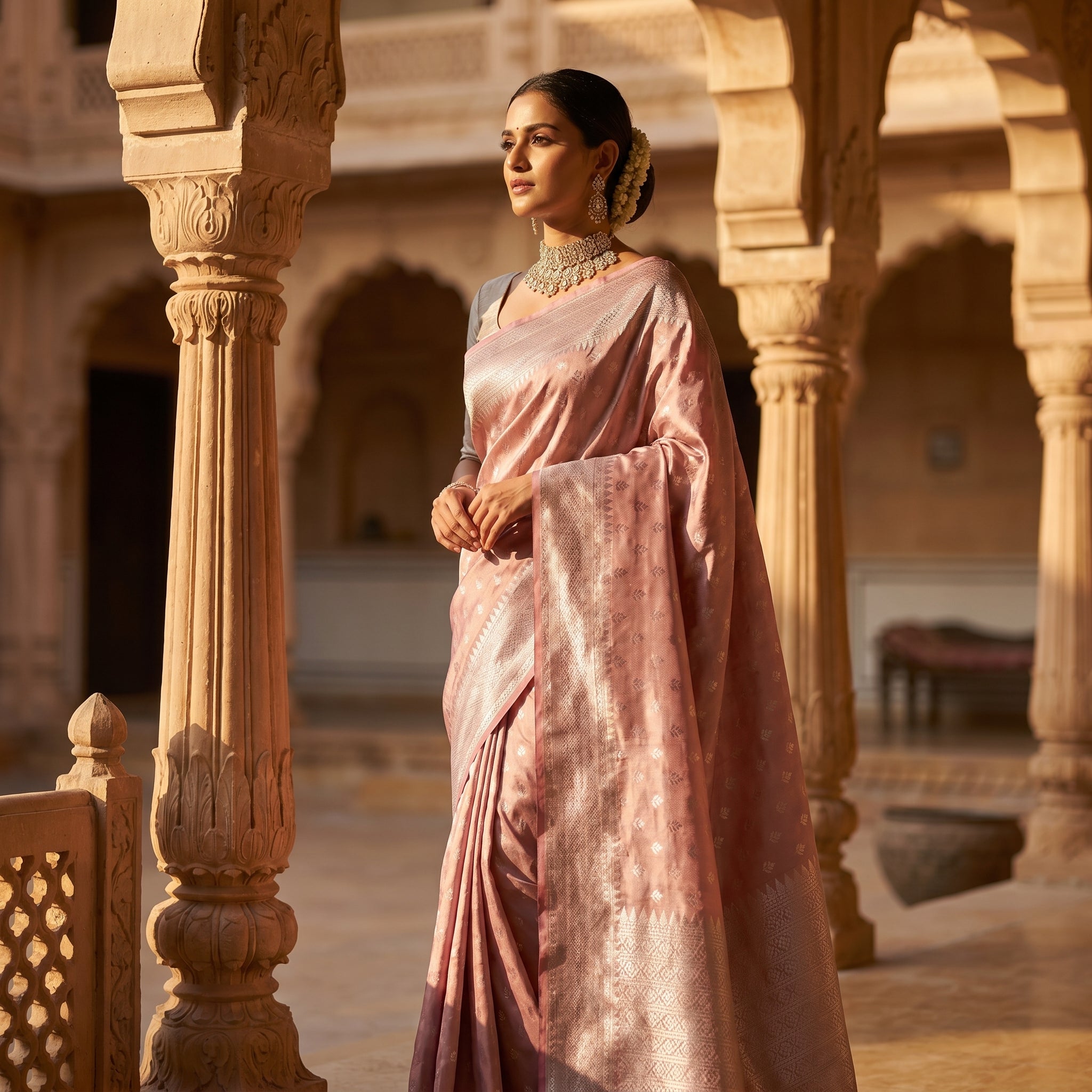 Rosé Zari Saree — Handwoven Tissue Silk with Gold Border