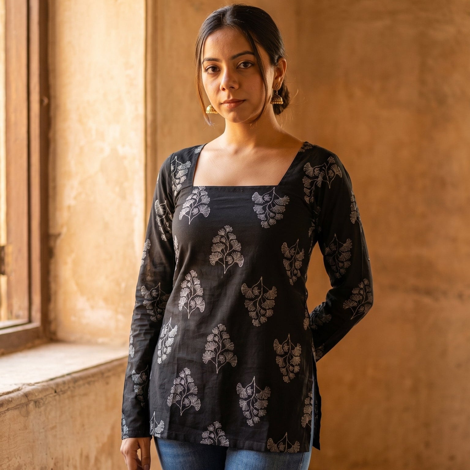 Noir Bloom Kurti Block Print · Full Sleeve · Short Kurti