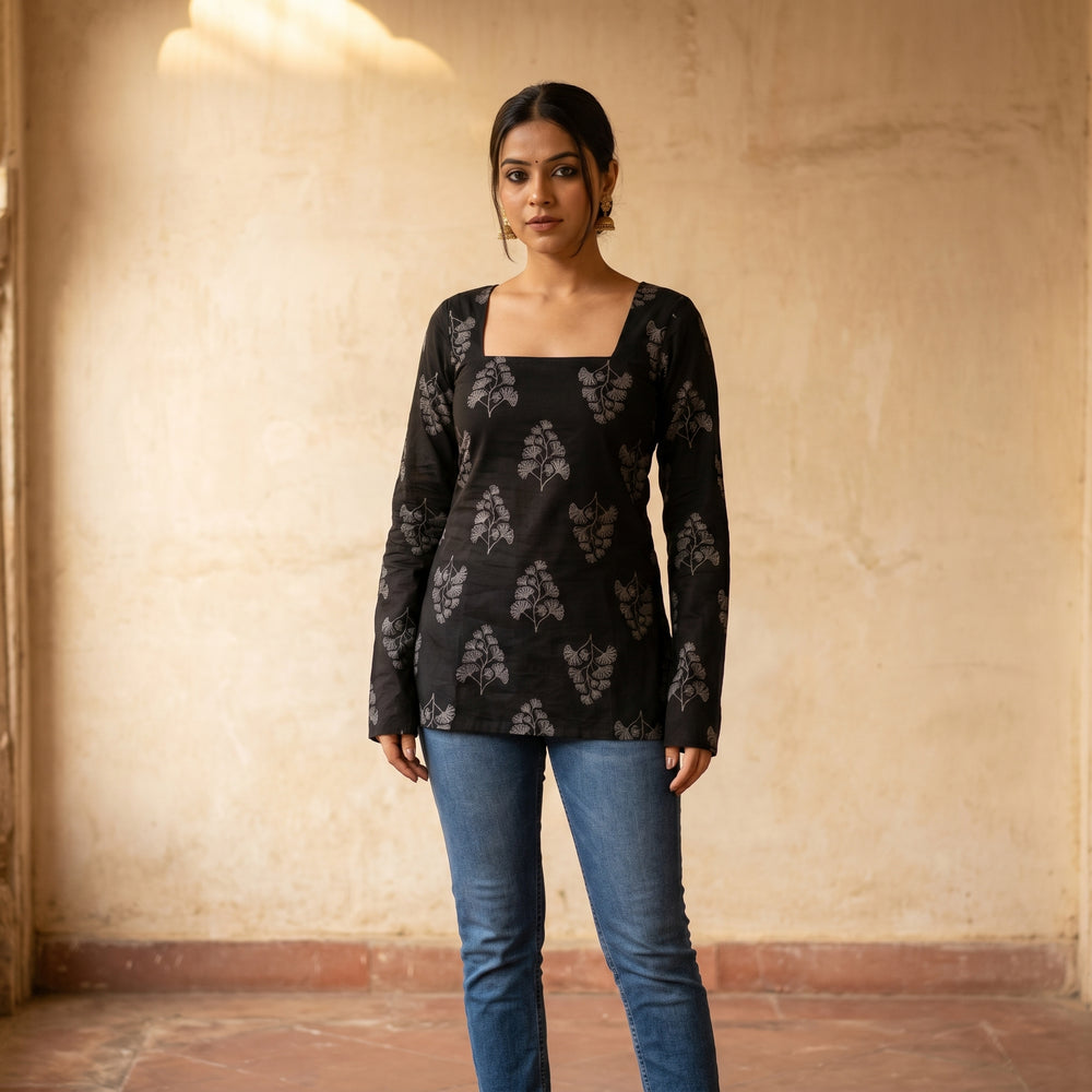 Noir Bloom Kurti Block Print · Full Sleeve · Short Kurti